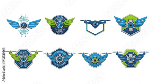 Collection of Drone Emblems with Wings and Technological Designs.