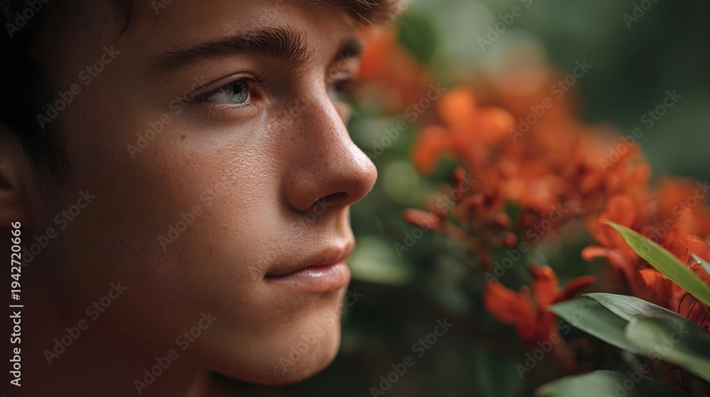 Naklejka premium Close up profile of a young person with blue eyes and freckles looking thoughtfully amidst vibrant orange flowers and lush green foliage in nature