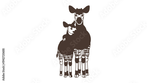 Okapi family portrait: Capturing the beauty of the Okapi, a mother and her calf stand together. The striking markings on the legs are a standout feature.