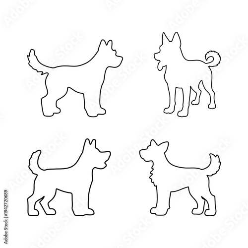 Simple line drawings of different dog breeds in profile, vector illustration