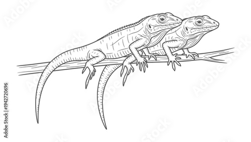 Pair of Reptiles Perched on Branch: Intricate sketch of a pair of lizards, captured mid-pose on a branch. Every scale and contour carefully detailed, creating a realistic feel. 