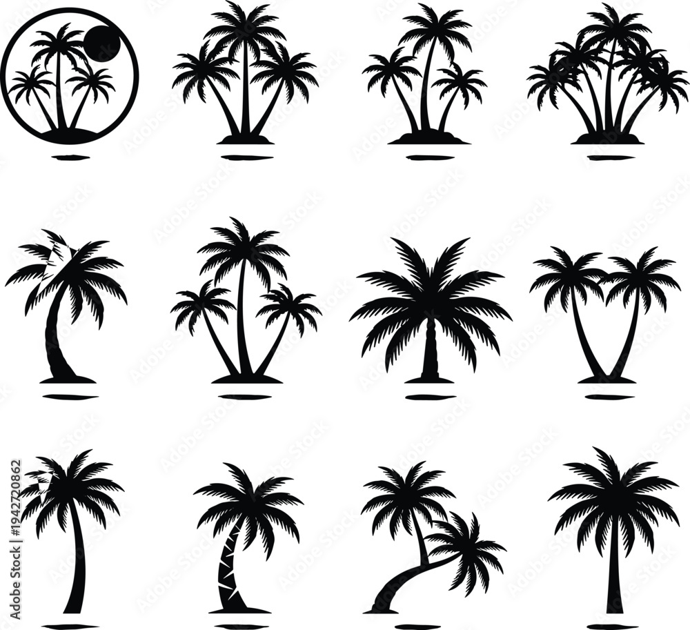 Fototapeta premium Tropical palm tree silhouette vector icon set, black coconut palm collection with island beach scenes isolated on white background for summer travel design