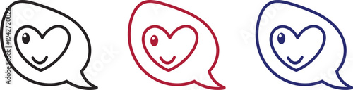 Three smiling heart faces in speech bubbles with black red and blue outlines smile