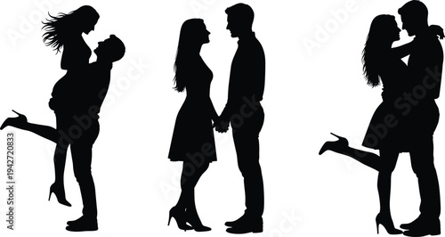 Romantic couple silhouettes set showing love hug holding hands and lifting woman pose isolated black vector illustration collection romantic relationship