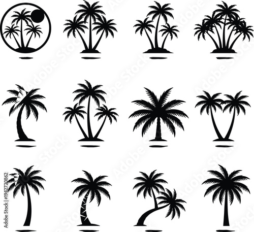 Tropical palm tree silhouette vector icon set, black coconut palm collection with island beach scenes isolated on white background for summer travel design
