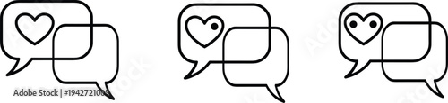 Three speech bubbles with heart symbols and smiley faces in black and white