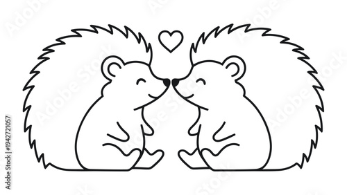 Hedgehog Love: Two adorable hedgehogs share a tender moment, nose-to-nose with a tiny heart floating above them, rendered in a simple, charming line art style.