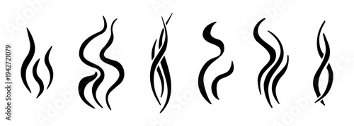 Doodle steam and smoke icon set with aroma waves vector illustration set. Linear symbols for hot coffee, cooking scent, and fragrance effects in hand-drawn outline graphic style.