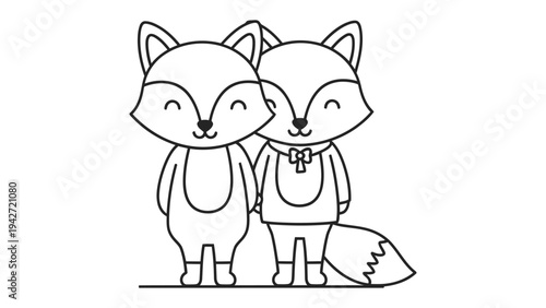 Cute Fox Couple Illustration: Two adorable fox characters stand side by side, their joyful expressions radiating love, companionship, and the heartwarming bond of friendship.