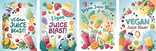 Vibrant illustrations of vegan juice blends featuring various fruits and smoothies.