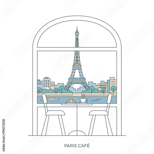 Paris Cafe Scene with Eiffel Tower View.