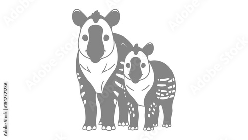 Mother and Cub Tapirs: An illustrative depiction of a mother tapir and her cub, their patterned coats a distinctive feature against the minimalist backdrop, emphasizing the bond and inherent cuteness