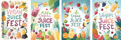 Vibrant vegan juice fest illustration featuring colorful fruits and beverages.