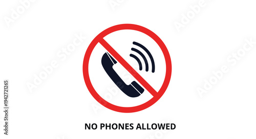 No phones allowed prohibited sign shows a mobile handset icon inside a red circle with a diagonal slash for silent zones.