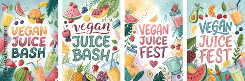 Colorful vegan juice fest illustrations featuring vibrant fruits and drinks.