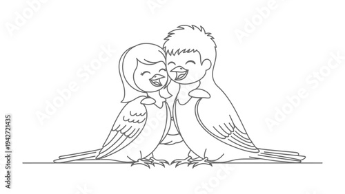 Lovebird Cartoon Couple: A charming cartoon couple of lovebirds, rendered in a simple line art style, share an intimate embrace.