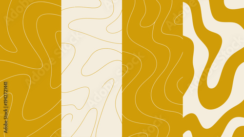 An abstract composition features curvilinear shapes in shades of gold and cream arranged in vertical panels high quality professional detailed modern elegant stylish clean crisp vibrant