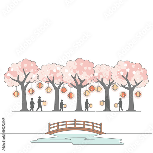 People Enjoying Cherry Blossom Festival Under Lanterns.