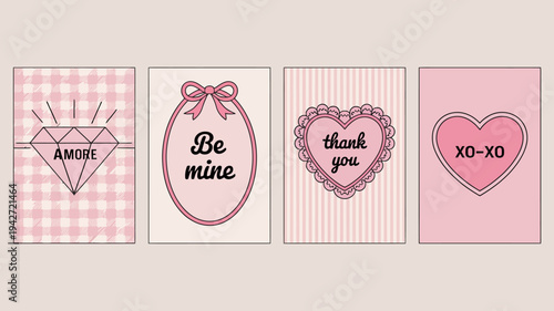 Four rectangular cards are displayed each with a different romantic design in shades of pink and red high quality professional detailed modern elegant stylish clean crisp