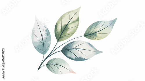 A delicate watercolor painting showcases a sprig of leaves with varying shades of green and blue creating a botanical illustration high quality professional detailed modern elegant