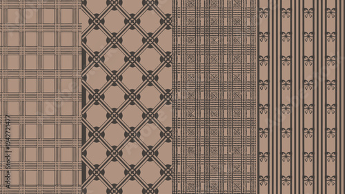 A collection of four patterned fabric swatches is displayed featuring various beige and brown geometric designs high quality professional detailed modern elegant stylish clean crisp vibrant