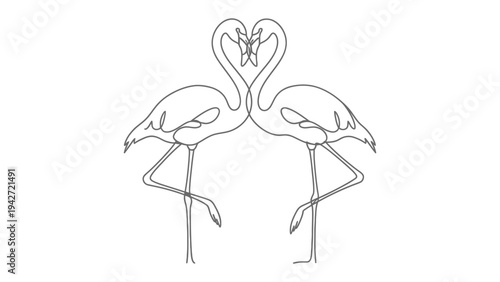 Flamingo Embrace: Two graceful flamingoes, depicted with delicate lines, stand together, their necks forming a heart. A minimalist, elegant, and serene representation of unity, love.