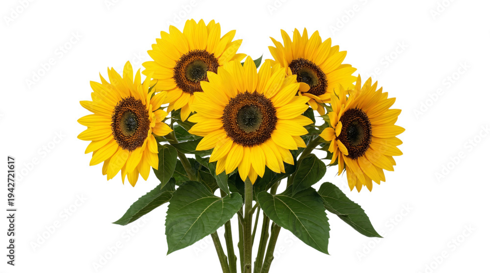 Fototapeta premium A bouquet of bright yellow sunflowers with green leaves isolated on transparent background