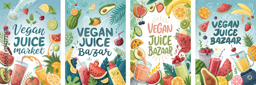 Colorful illustrations of vegan juice market and bazaar with fruits and beverages.