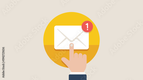 A flat design illustration depicts a hand pressing a button featuring an envelope with a notification badge high quality professional detailed modern elegant stylish clean crisp