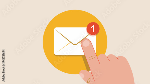 A hand is shown pointing towards a white envelope with a yellow circular background and a notification high quality professional detailed modern elegant stylish clean crisp