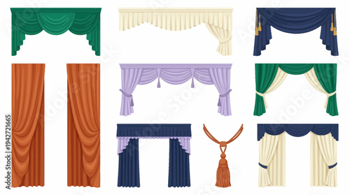 Set of elegant window curtains and luxury drapes with various fabric styles and colors on white background, concept for interior decor, home design and house staging