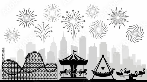 Silhouette of an amusement park with roller coaster carousel and swan rides against a city skyline under fireworks, concept for festival promotion, urban entertainment and tourism marketing