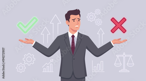 Worried corporate manager in suit balancing green checkmark and red cross icons with business graphics, concept for ethical decision making, professional problem solving and risk management