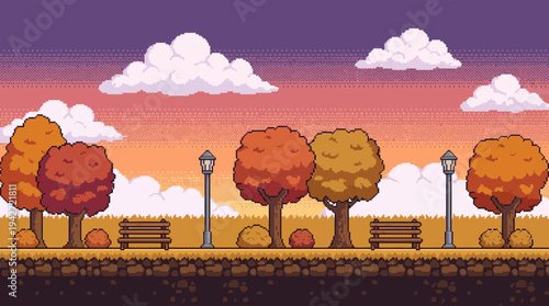 Detailed vibrant pixel art autumn park landscape with orange trees and wooden benches under a purple sunset sky, concept for game background, level design and nostalgic wallpaper