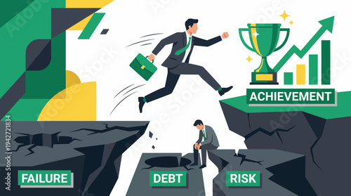 Successful executive manager jumping over abyss of business failure and debt toward gold trophy and growth chart, concept for career motivation, financial recovery and strategic leadership