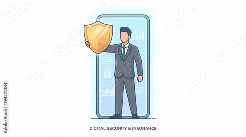 Male insurance manager in a suit holding a golden shield before a smartphone screen with security data, concept for mobile data protection, cyber insurance and digital asset safety