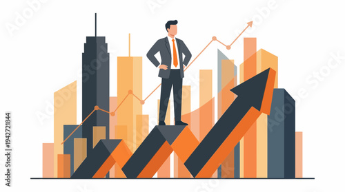 Confident financial analyst standing on rising arrow with skyscraper and stock market chart background, concept for investment growth, corporate leadership and financial success