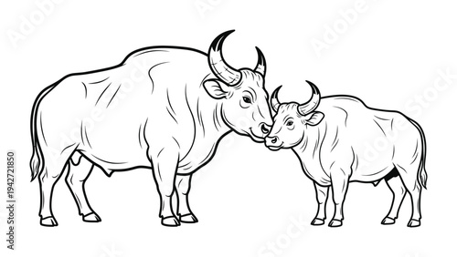 Parental bond: A tender illustration depicts a powerful ox standing lovingly beside its calf, a moving portrayal of family connection.