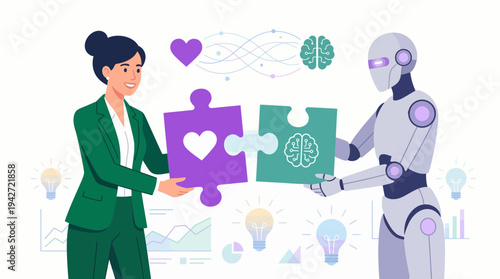 Female executive and humanoid robot connecting puzzle pieces with heart and brain icons, concept for human-ai collaboration, emotional intelligence and future business partnership