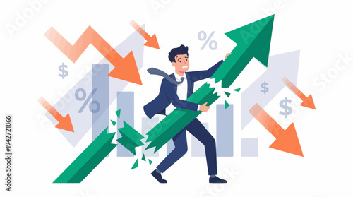 Worried financial analyst holding broken green growth arrow amidst falling stock charts and red arrows, concept for economic crisis management, risk assessment and market instability
