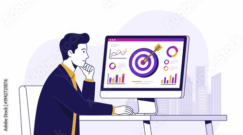 Marketing analyst at desk looking at data dashboard with target icon on computer monitor in modern office, concept for business performance, strategic marketing goals and analytics research