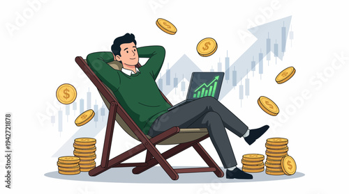 Successful financial investor relaxing on a deck chair with a laptop showing a bullish growth chart and gold coins, concept for passive income, wealth management and financial freedom
