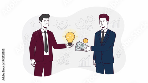 Two professional venture capitalists exchanging a glowing light bulb idea for cash money on abstract background, concept for startup funding, business investment and venture capital acquisition