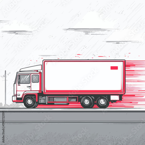 Red and White Cargo Truck in Motion on Road