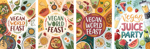 Colorful illustrations of vegan dishes for a vibrant feast and juice party.