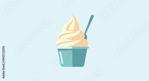 Delicious soft serve vanilla ice cream or frozen yogurt is served in a light blue cup with a small spoon on a pale background.