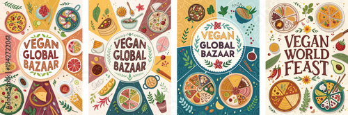Colorful vegan food illustrations featuring diverse dishes for a global bazaar theme.