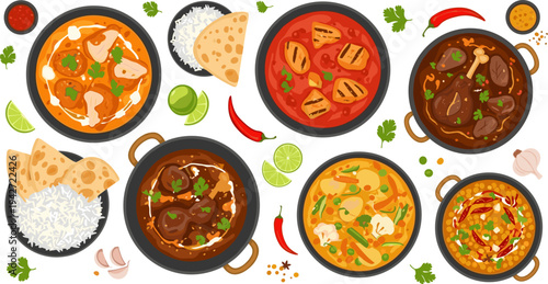 Indian Curry Dish Collection with Butter Chicken, Paneer Curry, Lentil Dal, Rice, Naan Bread, Spices, and Traditional Indian Cuisine Vector Illustration Set