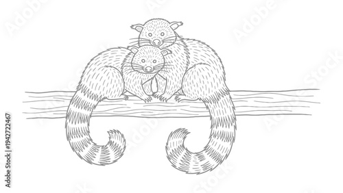 Cuddly Duo of Ringtails: A tender drawing of two ringtail coatis, their striped tails elegantly curled, embodying the warmth of affection and companionship.