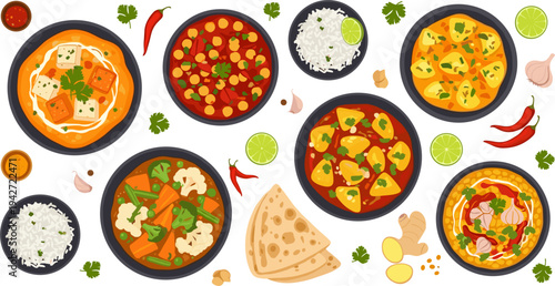 Indian Curry Meal Collection with Paneer Butter Masala, Vegetable Curry, Chickpea Curry, Rice, Naan Bread, and Spices Traditional Indian Food Vector Illustration Set